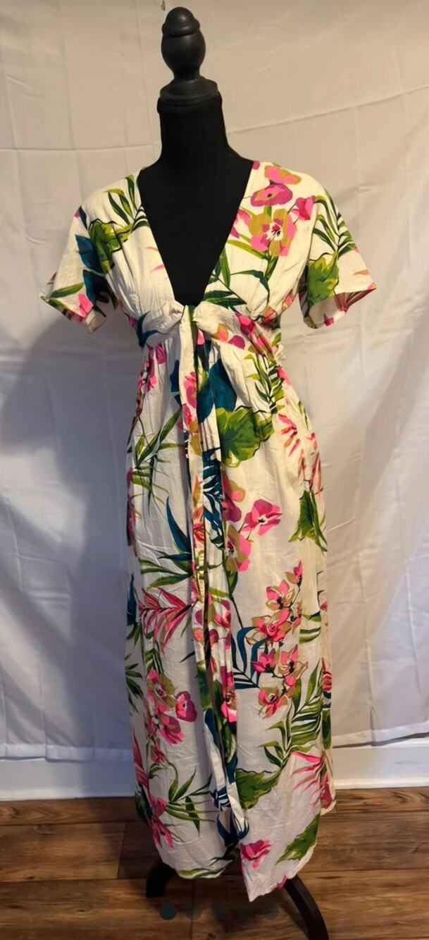 Billabong sz Small Bright Tropical Print Midi Length Dress Open Back Cotton